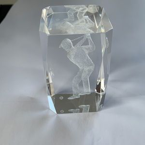 Crystal Glass Cube Paperweight 3-D Laser Etched Male Golfer with Case 3” by 2”